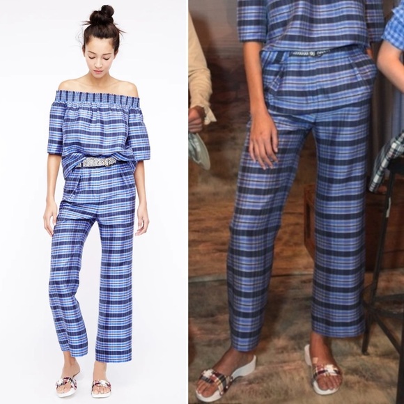 J. Crew Silk Blue Plaid Wide Leg Pant